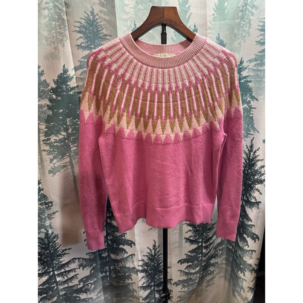 Loft Women’s XS Pink Crew Neck Long Sleeve Geometric Sweater Fair Isle Cotton